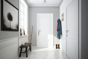 Front Door Entrance To House With White Cabinets And Coat Hanger. Photo generative AI