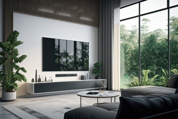 Modern Living Room Interior With Television Set, Sofa, Coffee Table And Garden View. Photo generative AI
