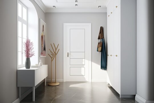Paris: Modern Apartment Interior Design With White Cabinets and Coat Hanger at the Front Door Entrance. Photo generative AI