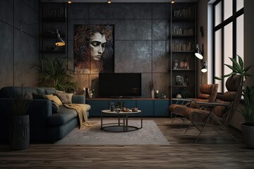 Modern Living Room In The Evening. Photo generative AI