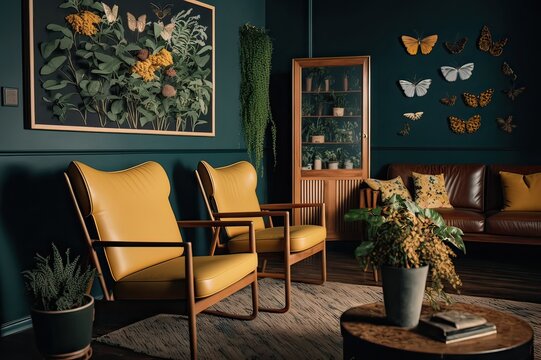 Interior Design of Modern Apartment in Barcelona with Brown and Yellow Furniture, Wooden Elements and Dark Green Wall Decorated with Plants and Butterfly Specimen. Photo generative AI