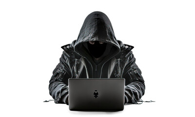 hacker in hoodie and  mask that hides his face works at laptop. PNG isolated on transparent background. Post-processed generative AI