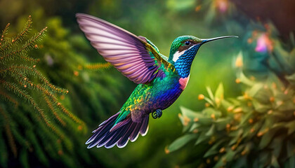 Flying hummingbird with green forest in background. Small colorful bird in flight. Post-processed generative AI
 - obrazy, fototapety, plakaty