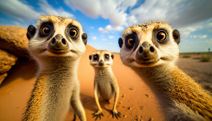 Еhree curious meerkats look at the camera. Post-processed generative AI - obrazy, fototapety, plakaty