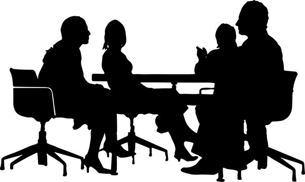 Silhouette of group of professional people doing meeting, Professional meeting in office line art illustration, Team meeting in business concept. Group of businessmen during discussion