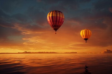 Fototapeta na wymiar Hot Air Balloon Flying over the Calm Water. Dramatic Sunset Sky. 3d Rendering. Adventure Travel Concept. Generative AI