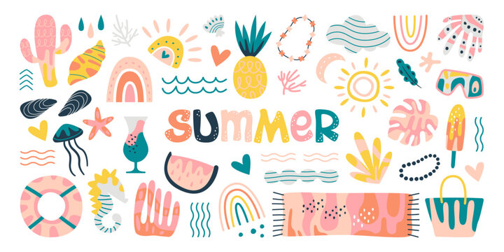 Summer elements with abstract pattern flat icons set. Flowers, bushes and leaves with colorful ornaments