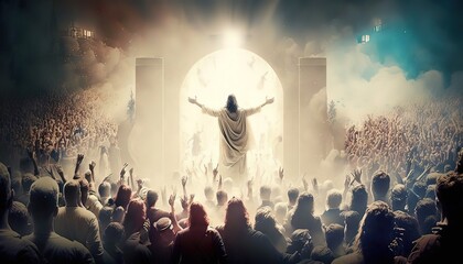Revelation of Jesus Christ, new testament, religion of christianity, heaven and hell over the crowd of people, Jerusalem of the bible - obrazy, fototapety, plakaty