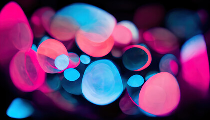 Blur bubbles colorful background. Fluorescent glow. Defocused neon pink blue circles painting ornament on dark black abstract illustration.