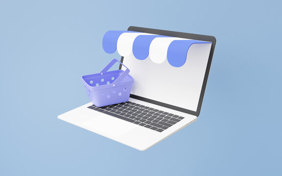 3D computer laptop icon with basket shop online buying concept. Shopping cart with order floating on sky blue background. discount promotion sale, financial, buy, sell, package. 3d render illustration