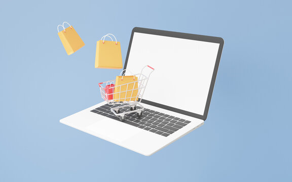 3D shop online buying concept on computer laptop icon Shopping cart with shopping bag floating on sky blue background. discount promotion sale, banner, buy, sell, package. 3d render illustration