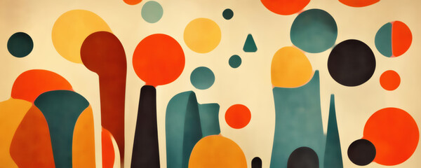 Colorful background. Geometric artwork. Playful design. Orange red yellow blue black dot circles triangles pattern abstract art illustration.