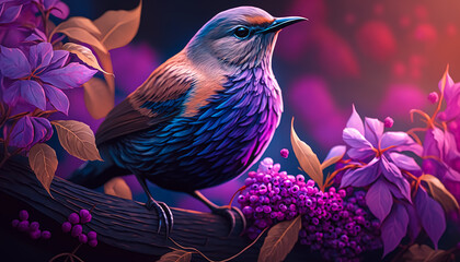 purple color theme bird spring nature. Generative AI