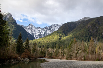 A view of snow covered rocky mountain peaks