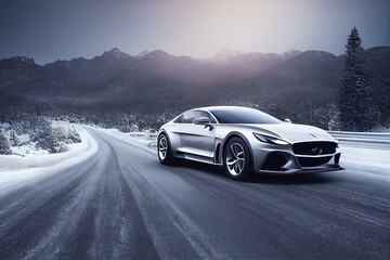 Fototapeta na wymiar Luxury car on winter road, blur mountains background. Tires on snow highway. Generative AI