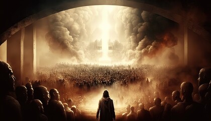 Revelation of Jesus Christ, new testament, religion of christianity, heaven and hell over the crowd of people, Jerusalem of the bible - obrazy, fototapety, plakaty