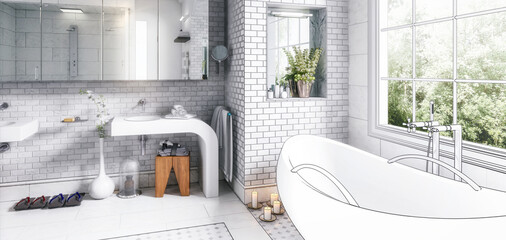 Konzept einer modernen Innenausstattung in klassischer Badezimmer-Architektur - 3D Visualisierung