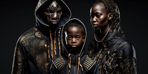 Fototapeta na wymiar Coole afrikanische Familie im Porträt beim Fotografen im Studio, alle in Schwarz angekleidet ai generativ