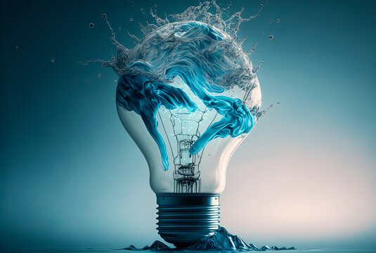 A light bulb in blue water, to illustrate the importance of respecting resources. Sober and clear representation, with an ecological tone. Generative AI