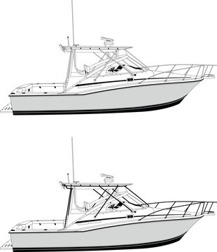 Vector illustration of a fishing boat, printable on t-shirts and other objects.