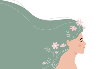 Mental health background for banner, woman smiling and happy emotion with flowers. flat vector illustration banner.