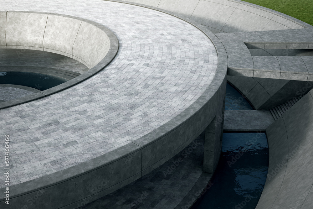 Poster empty curved concrete floor with water pool in top view. 3d rendering of abstract space background.