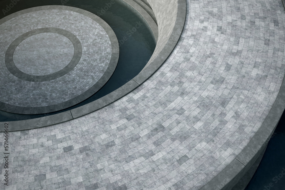 Poster empty curved concrete floor with water pool in top view. 3d rendering of abstract space background.