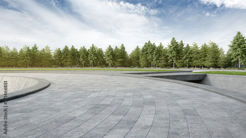 Aufkleber empty curved concrete path with meadow and tree. 3d rendering of abstract space with sky background.