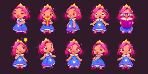 Cartoon set of cute princess character with different emotions isolated on black background. Vector illustration little queen in fancy dress, happy, surprised with gift, reading book, naughty, angry © klyaksun