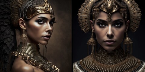 Edles und exklusives Kleopatra Make-Up in Gold Braun mit weiblichem Model für Porträt Fotos, ai generativ - obrazy, fototapety, plakaty