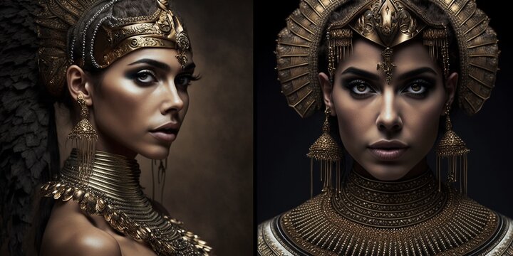 Edles und exklusives Kleopatra Make-Up in Gold Braun mit weiblichem Model für Porträt Fotos, ai generativ
