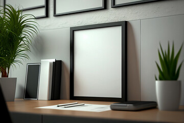 Fototapeta na wymiar Mock up Minimal wooden picture poster frame mockup in home office, Generative AI
