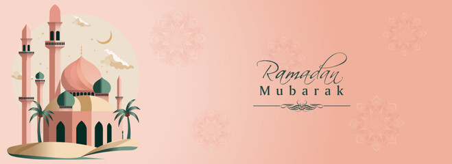 Ramadan Mubarak Banner Design With Beautiful Mosque, Coconut Trees On Pink Mandala Pattern Background.