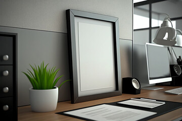 Naklejka na ściany i meble Mock up Minimal wooden picture poster frame mockup in home office, Generative AI