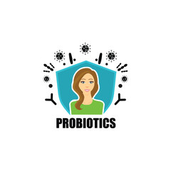 Probiotics health benefits vector illustration. Flat minimalistic icon about probiotic influence to human body. Woman portrait with immune system shield activated from bad bacteria.