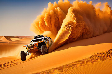Off-road vehicles speeding across the Sahara desert - obrazy, fototapety, plakaty
