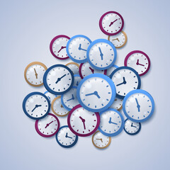 Many round clocks showing different times on a light background.