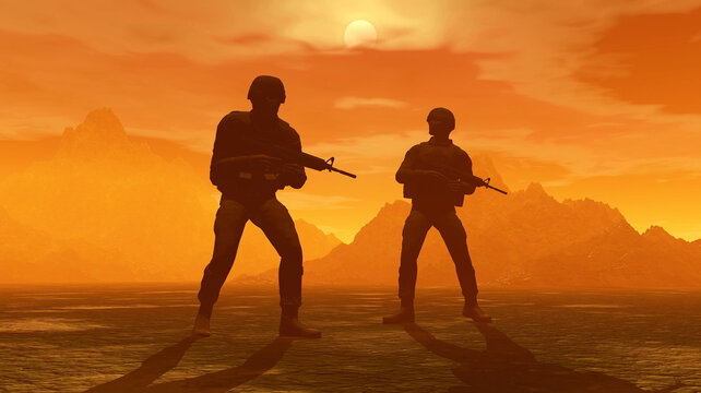 due soldati armati di fucile nel deserto al tramonto