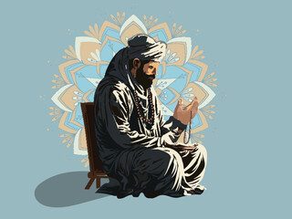 Vector Illustration of Muslim Man Offering Namaz (Prayer) With Hold Tasbih On Mandala Blue Background And Copy Space.