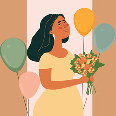 Smart Woman Character Holding Flower Bouquet With Balloons Against Pastel Brown And White Striped Background.