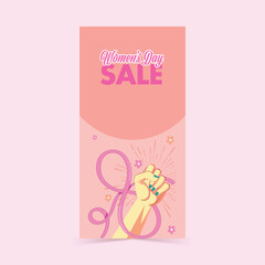 Women's Day Sale Header Or Banner Design With Pop Art Fist Raised Hand With Ribbon Forming 8th Number.