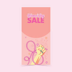 Women's Day Sale Header Or Banner Design With Pop Art Fist Raised Hand With Ribbon Forming 8th Number.