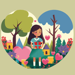Obraz na płótnie Canvas Standing Cute Girl Character Holding Gift Box In Heart Shape Cityscape Nature Background.