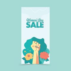 Women's Day Standee Poster Or Banner Design With Fist Raised Hand With Flowers.