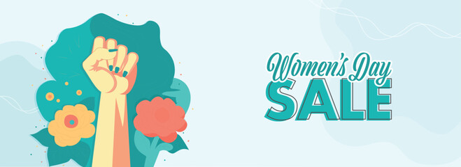 Fototapeta na wymiar Women's Day Standee Poster Or Banner Design With Fist Raised Hand With Flowers.