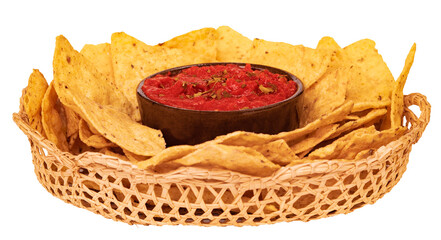 Delicious nachos with red sauce. Stock photo of tortilla chips inside a basket. Corn chips isolated stock photo. Snack. Salsa. Tomato. Tasty. Dip.