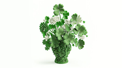 3D Render of Exquisite Clover Plant Pot Against White Background. St. Patrick's Day Concept.