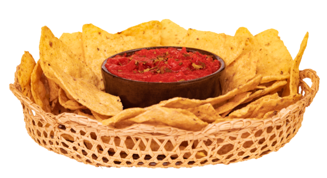 Delicious nachos with red sauce. Stock photo of tortilla chips inside a basket. Corn chips isolated stock photo. Snack. Salsa. Tomato. Tasty. Dip.