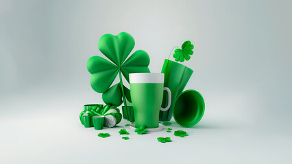 3D Render of Clover Leaves With Mugs, Vase Element On Grey Background. St. Patrick's Day Concept.