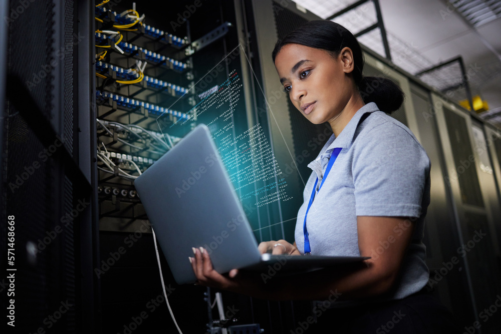 Poster Laptop, network and data center with a black woman it support engineer working in a dark server room. Computer, cybersecurity and analytics with a female programmer problem solving or troubleshooting